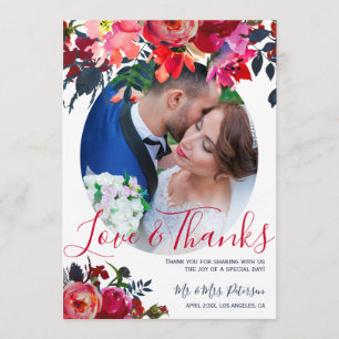 Red navy watercolor peony photo wedding thank you