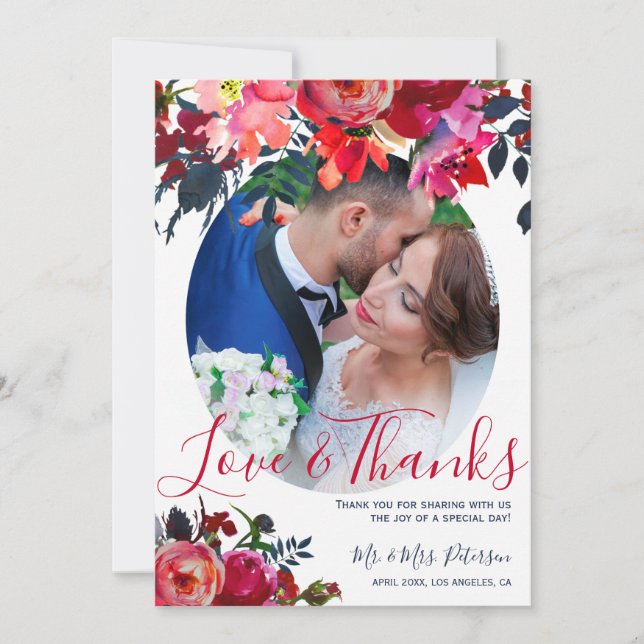 Red navy watercolor peony photo wedding thank you card (Front)