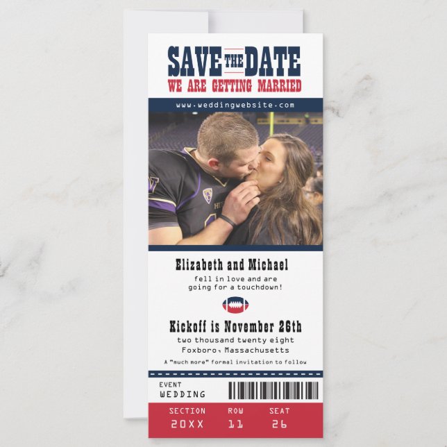 Red Navy Wedding Save the Date Football Ticket (Front)