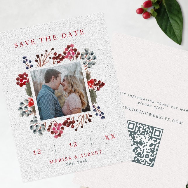 Red & Navy Winter Berries Photo & QR Code Wedding Save The Date (Creator Uploaded)