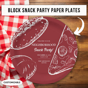 Red Neighbourhood Fun Block Snack Food Party Paper Plate