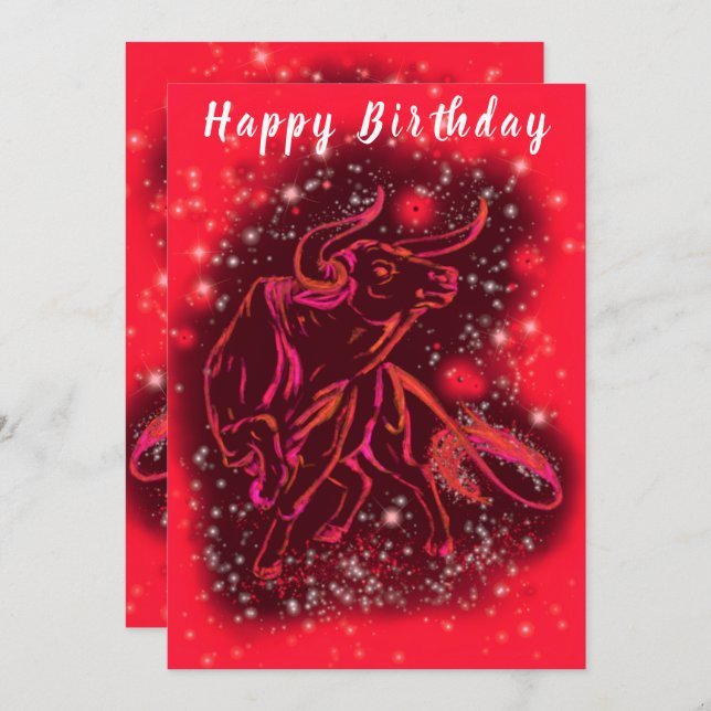 Red Neon Bull Running At Starry Night - Birthday (Front/Back)