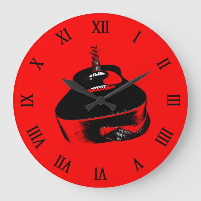 Red Neon Guitar Music Instrument Large Clock (Front)