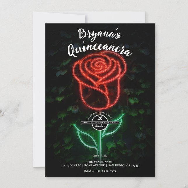 Red Neon Light Glowing Rose Ivy 15 Quinceañera Invitation (Front)