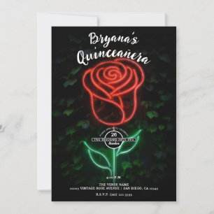 Red Neon Light Glowing Rose Ivy 15 Quinceañera Invitation