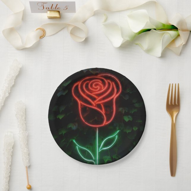 Red Neon Light Glowing Rose Ivy Sweet 16 16th Paper Plate (Wedding)