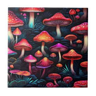 Red Neon Mushrooms - Exclusive Retro Art Tile