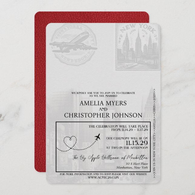 Red New York City Passport Wedding Invitation (Front/Back)