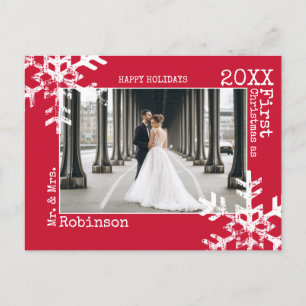 Red Newlyweds First Christmas Photo Snowflakes Holiday Postcard