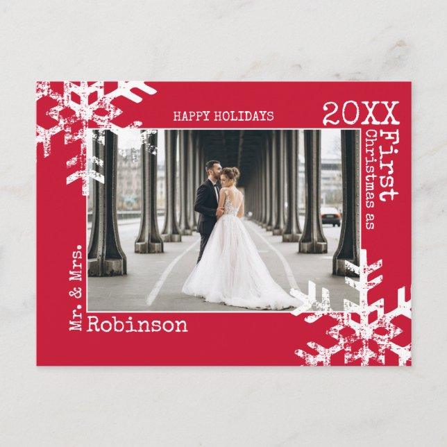 Red Newlyweds First Christmas Photo Snowflakes Holiday Postcard (Front)