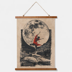 Red Ninja Full Moon Art Wabi Sabi Vintage Style Hanging Tapestry