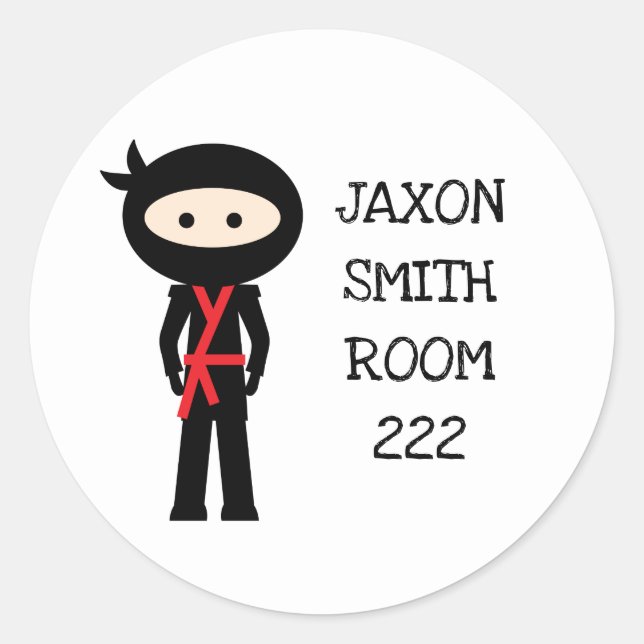 Red Ninja school supply stickers, name room number Classic Round Sticker (Front)