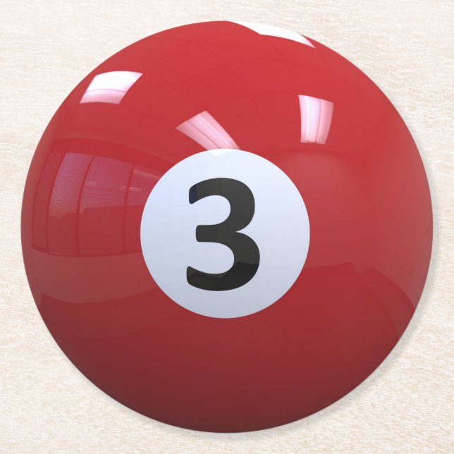 Red No. 3 Billiard Pool Ball Round Paper Coaster (Front)