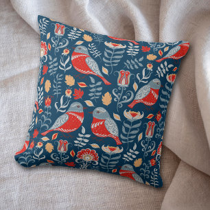 Red Nordic Bird on Blue Pattern Cushion