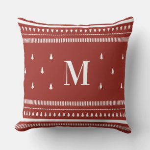 Red Nordic Christmas Trees & Monogram Cushion