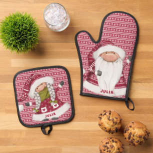 Red Nordic Gnome Personalised Oven Mitt & Pot Holder Set