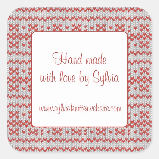 RED NORDIC KNIT 3" Square "Hand Made" Stickers (Front)