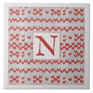 RED NORDIC KNIT Ceramic Tile + Initial