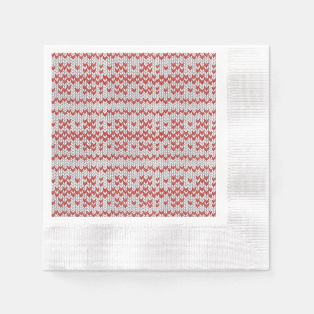 RED NORDIC KNIT Coined Cocktail Paper Napkins (Front)