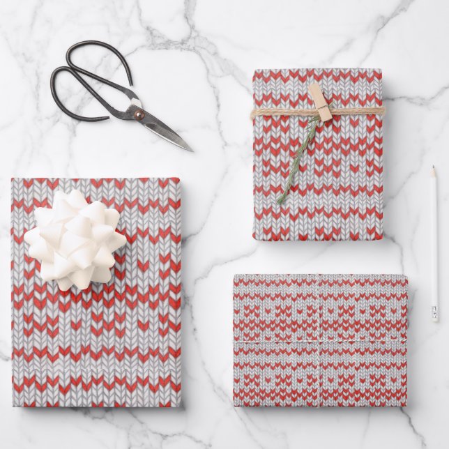 RED NORDIC KNIT Flat Sheet Wrapping Paper  (Front)
