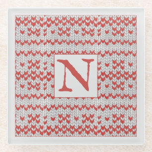 RED NORDIC KNIT Glass Coaster + Initial