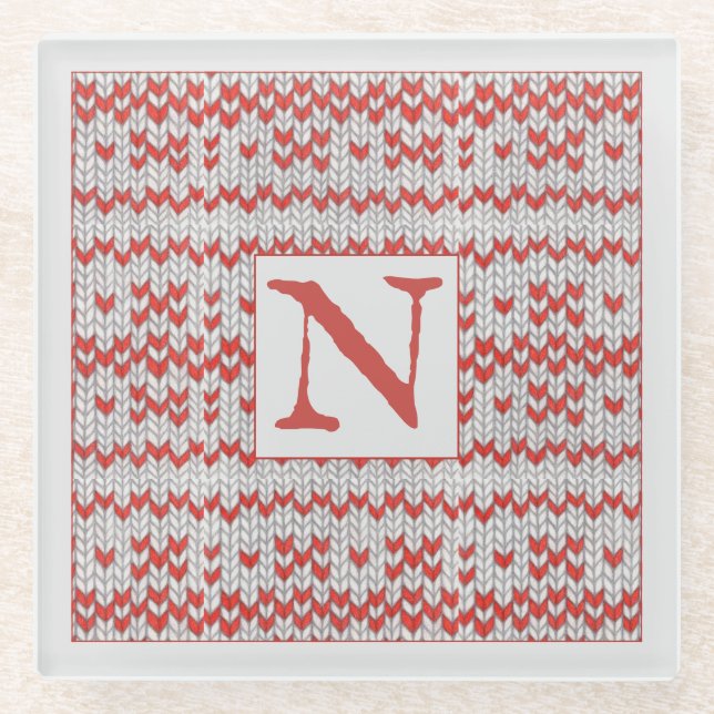 RED NORDIC KNIT Glass Coaster + Initial (Front)