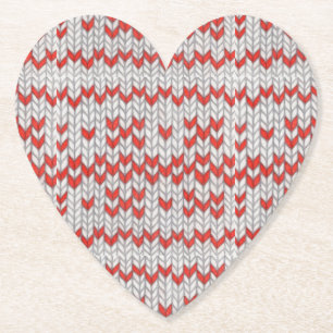 RED NORDIC KNIT Heart Shape Paper Coasters