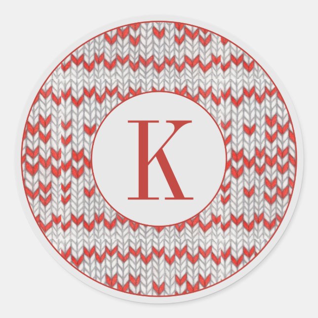 RED NORDIC KNIT Large Round Stickers + Initial (Front)