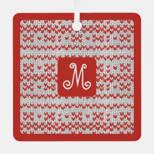 RED NORDIC KNIT Metal Square Ornament + Initial