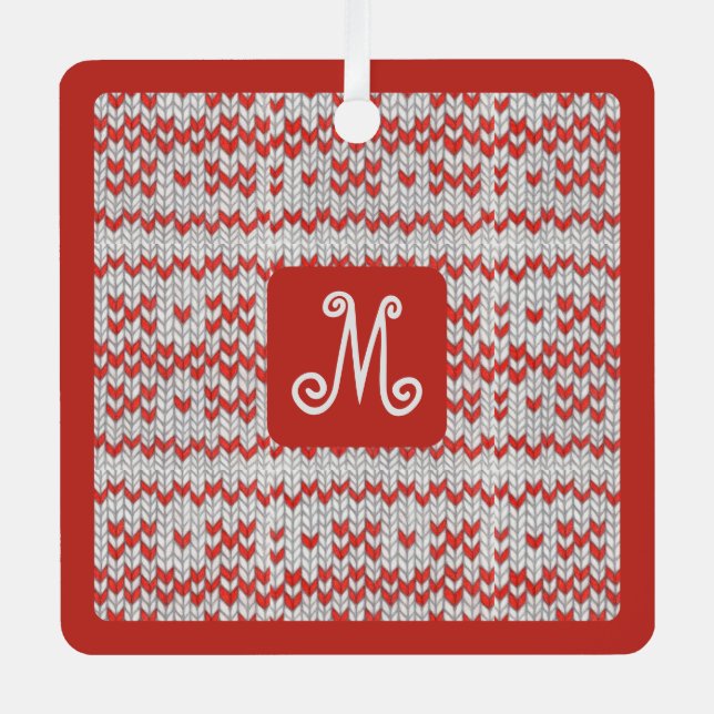 RED NORDIC KNIT Metal Square Ornament + Initial  (Front)