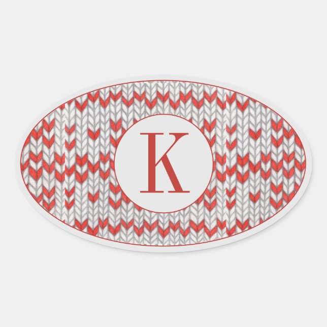 RED NORDIC KNIT Oval Stickers + Initial  (Front)