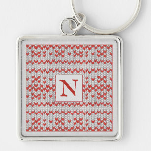 RED NORDIC KNIT Premium Square Keychain + Initial