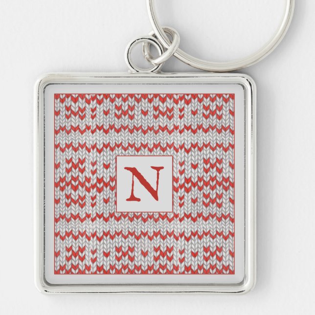 RED NORDIC KNIT Premium Square Keychain + Initial (Front)
