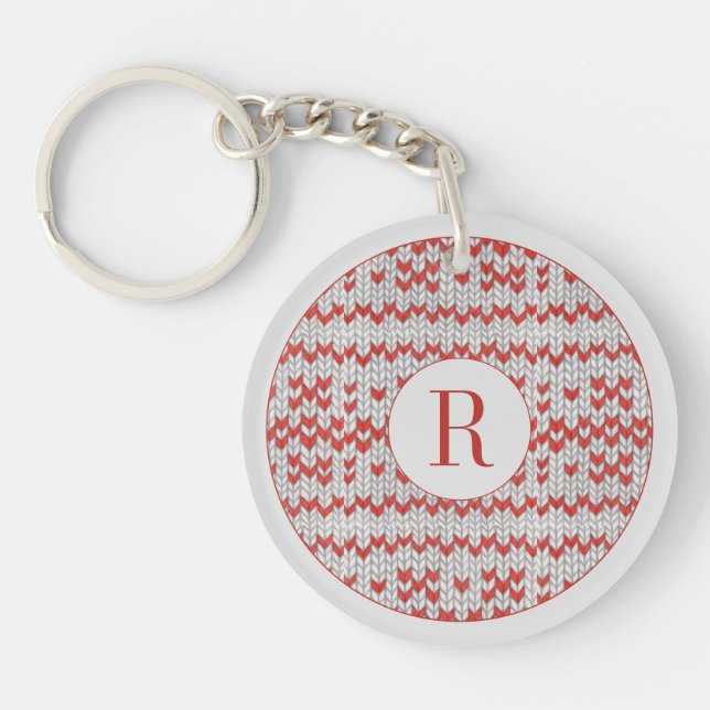 RED NORDIC KNIT Round Acrylic Keychain + Initial (Front)