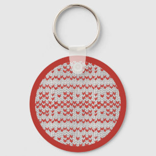 RED NORDIC KNIT Round Metal Keychain / Red