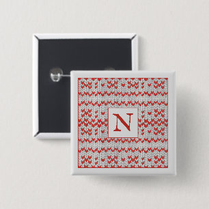 RED NORDIC KNIT Square Pin Button + Initial