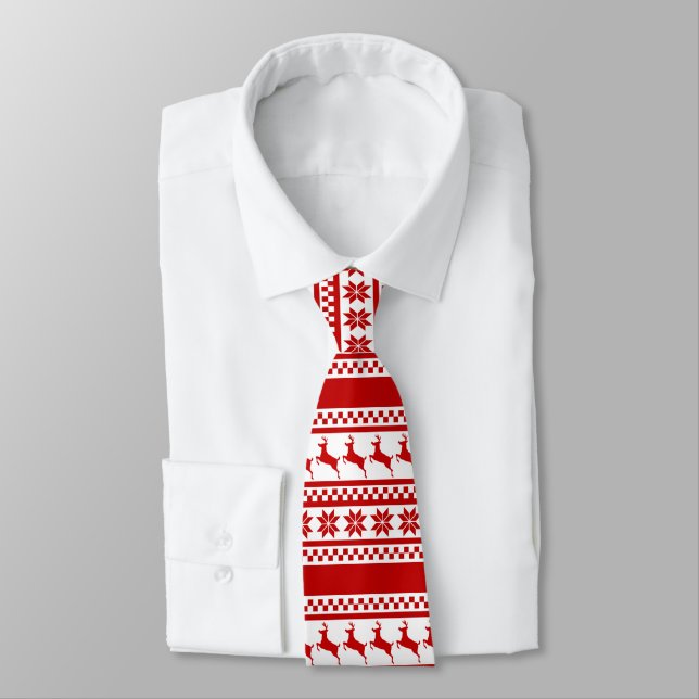 Red Nordic Print Reindeer Personalised Tie (Tied)