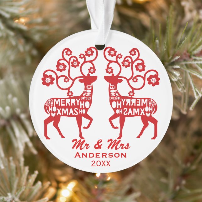 Red Nordic Reindeer Custom Couple's Ornament (Tree)