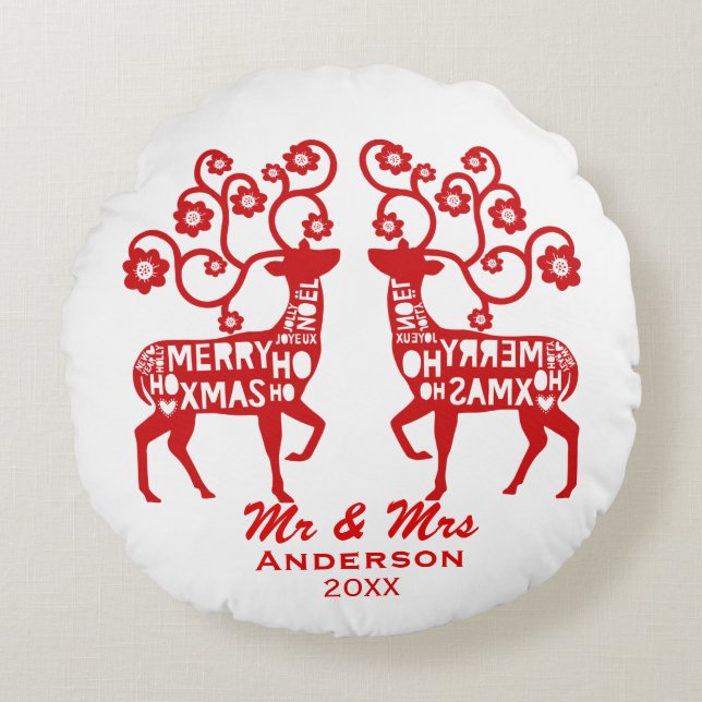 Red Nordic Reindeer Custom Couple's Round Cushion (Front)