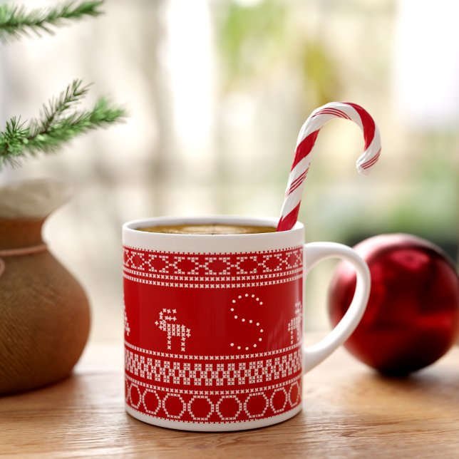 Red Nordic Reindeer Festive Scandinavian Christmas Espresso Cup (As you sip your favorite espresso, let the holiday cheer fill your heart.)