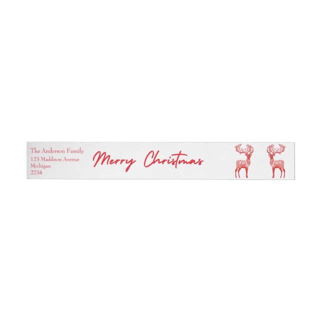 Red Nordic Reindeers Merry Christmas Wrap Around Label (Individual)
