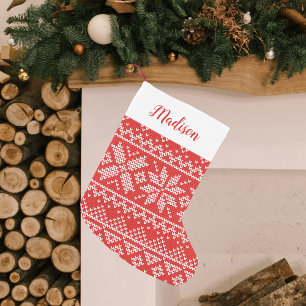 Red Nordic Snowflake Sweater Pattern Personalised Small Christmas Stocking