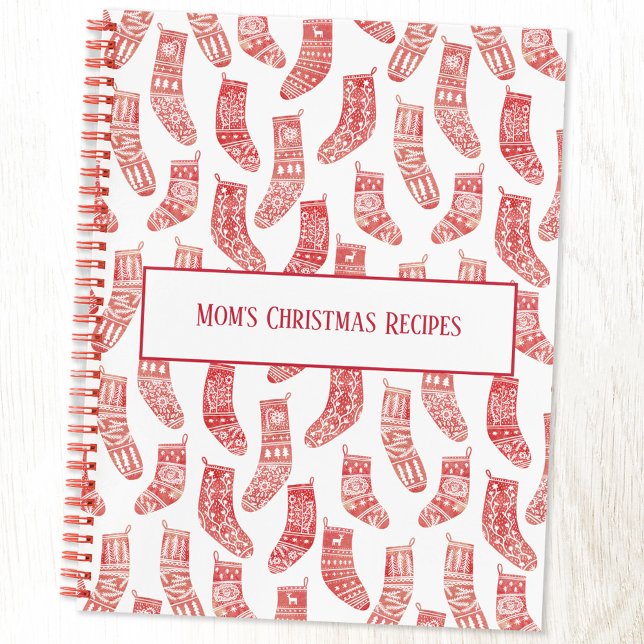 Red Nordic Stockings Custom Christmas Recipe Notebook (Nordic Stockings red and white pattern recipe book with editable text)