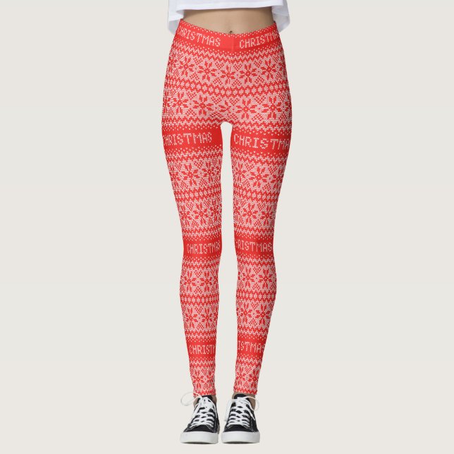 Red Nordic Sweater Snowflakes Pattern Christmas Leggings (Front)