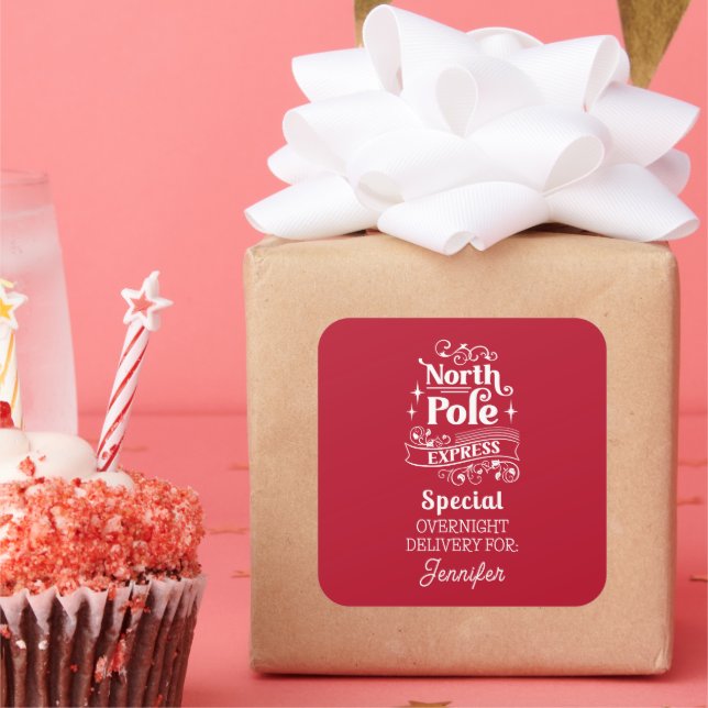 Red North Pole Special OVERNIGHT DELIVERY FOR NAME Square Sticker (Party)