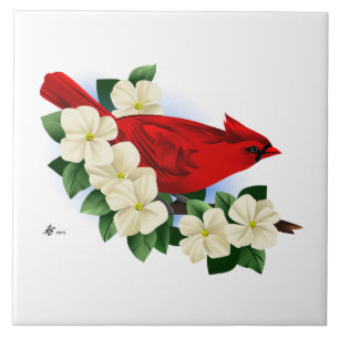 Red Northern Cardinal and Dogwood Flowers Tile