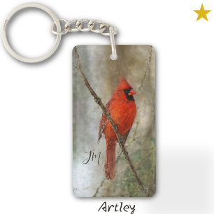 Red Northern Cardinal Bird Painting Initials  Key Ring