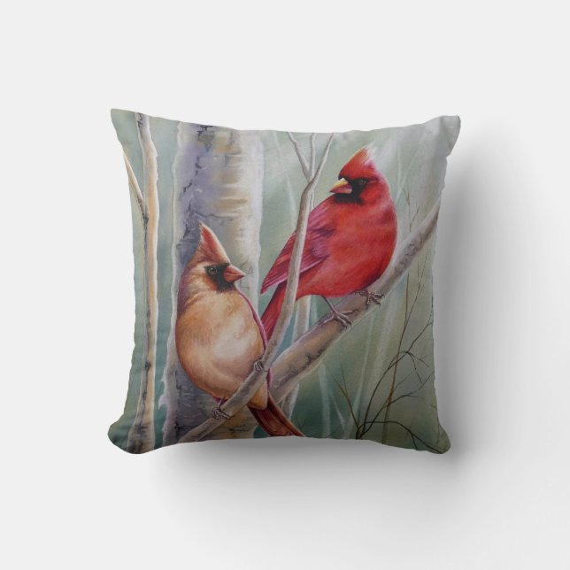 "Red Northern Cardinal Bird Pair Watercolor Art Cushion (Front)