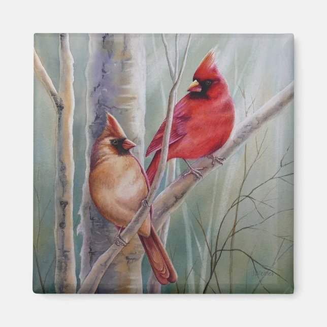 Red Northern Cardinal Bird Pair Watercolor Art Magnet (Front)