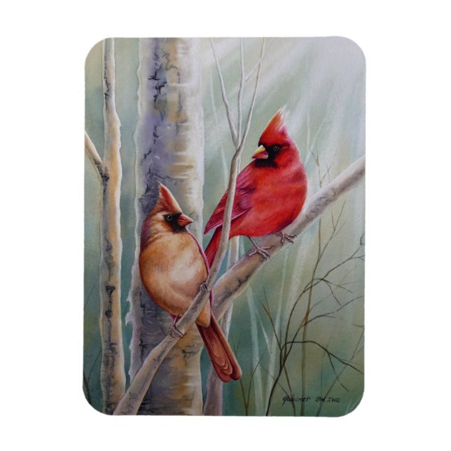 Red Northern Cardinal Bird Pair Watercolor Art Magnet (Vertical)